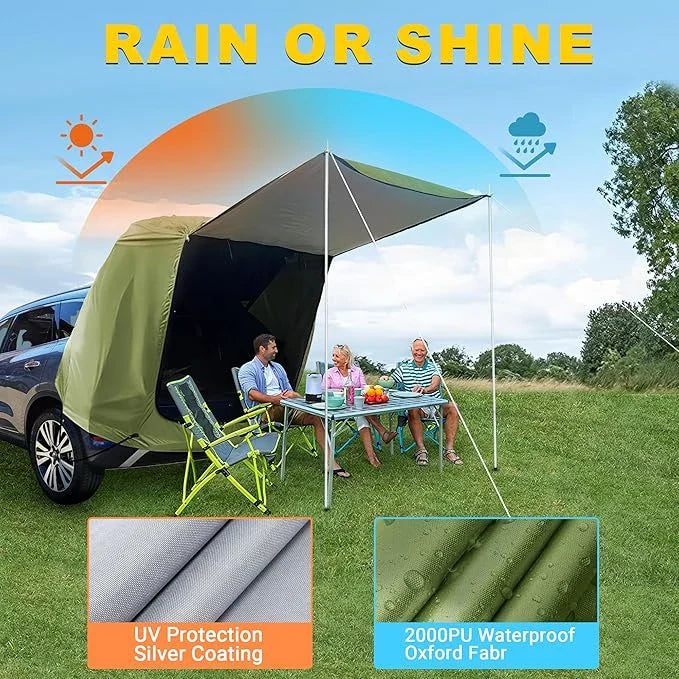 Car Trunk Extension Tent made from durable 210D polyester Oxford fabric with a 2000PU waterproof rating and UV-resistant coating, providing a comfortable and versatile shelter for outdoor adventures.
