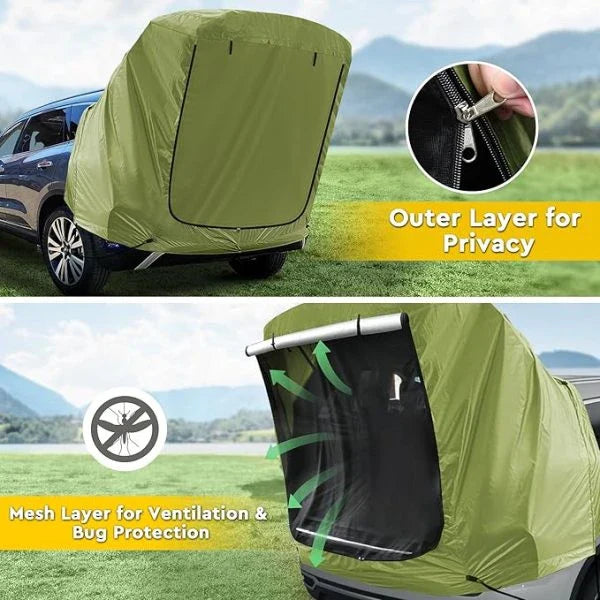 Car Trunk Extension Tent made from durable 210D polyester Oxford fabric with a 2000PU waterproof rating and UV-resistant coating, providing a comfortable and versatile shelter for outdoor adventures.