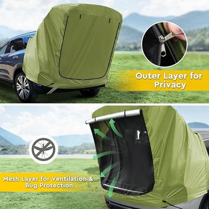 Car Trunk Extension Tent made from durable 210D polyester Oxford fabric with a 2000PU waterproof rating and UV-resistant coating, providing a comfortable and versatile shelter for outdoor adventures.