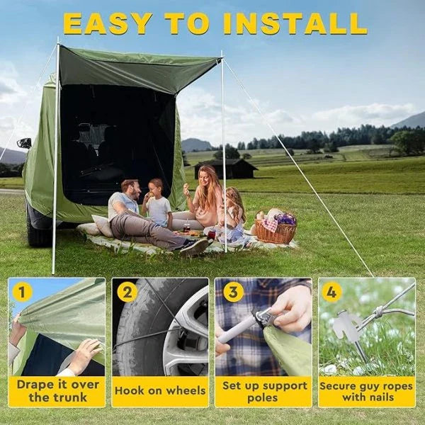 Car Trunk Extension Tent made from durable 210D polyester Oxford fabric with a 2000PU waterproof rating and UV-resistant coating, providing a comfortable and versatile shelter for outdoor adventures.