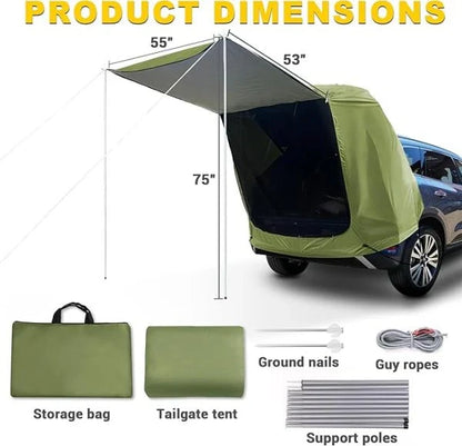 Car Trunk Extension Tent made from durable 210D polyester Oxford fabric with a 2000PU waterproof rating and UV-resistant coating, providing a comfortable and versatile shelter for outdoor adventures.