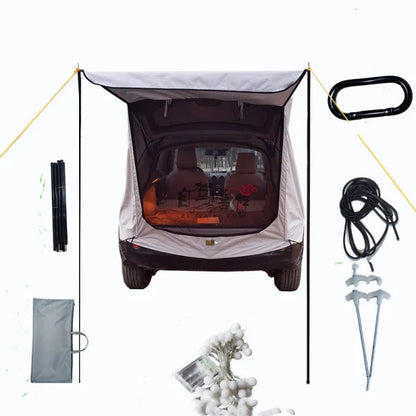 Car Trunk Extension Tent made from durable 210D polyester Oxford fabric with a 2000PU waterproof rating and UV-resistant coating, providing a comfortable and versatile shelter for outdoor adventures.