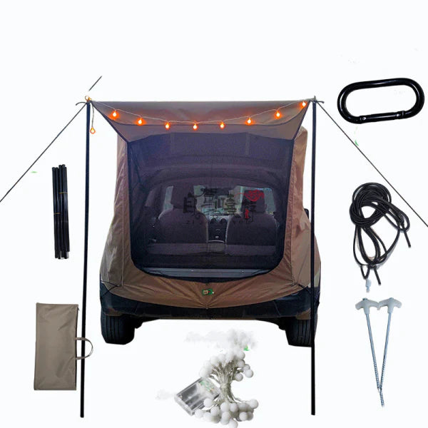 Car Trunk Extension Tent made from durable 210D polyester Oxford fabric with a 2000PU waterproof rating and UV-resistant coating, providing a comfortable and versatile shelter for outdoor adventures.