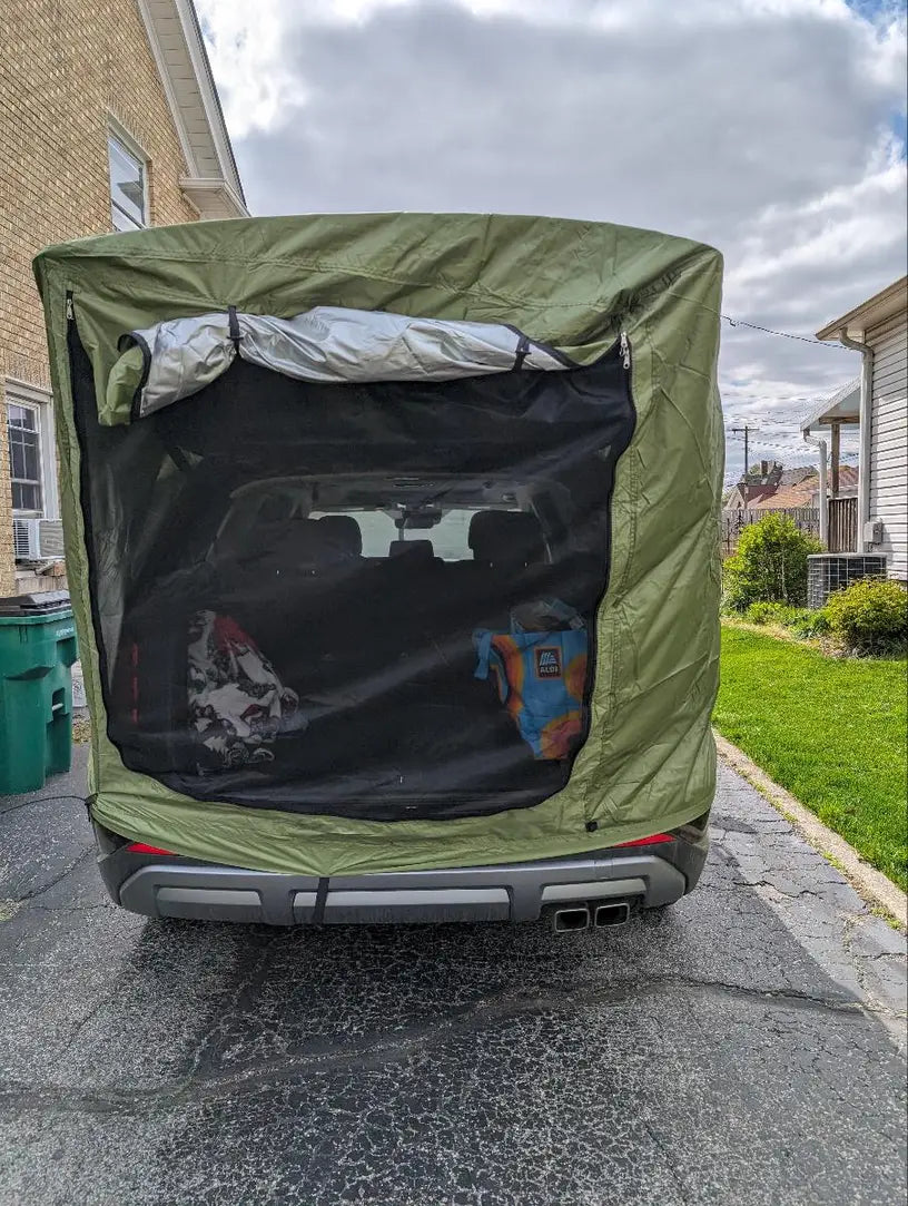Car Trunk Extension Tent made from durable 210D polyester Oxford fabric with a 2000PU waterproof rating and UV-resistant coating, providing a comfortable and versatile shelter for outdoor adventures.