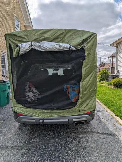 Car Trunk Extension Tent made from durable 210D polyester Oxford fabric with a 2000PU waterproof rating and UV-resistant coating, providing a comfortable and versatile shelter for outdoor adventures.