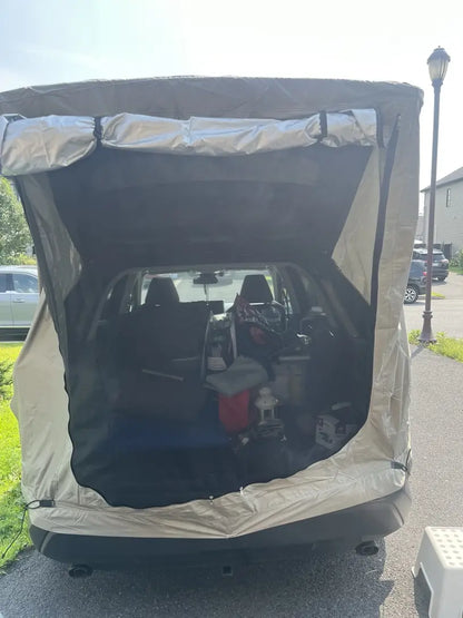 Car Trunk Extension Tent made from durable 210D polyester Oxford fabric with a 2000PU waterproof rating and UV-resistant coating, providing a comfortable and versatile shelter for outdoor adventures.
