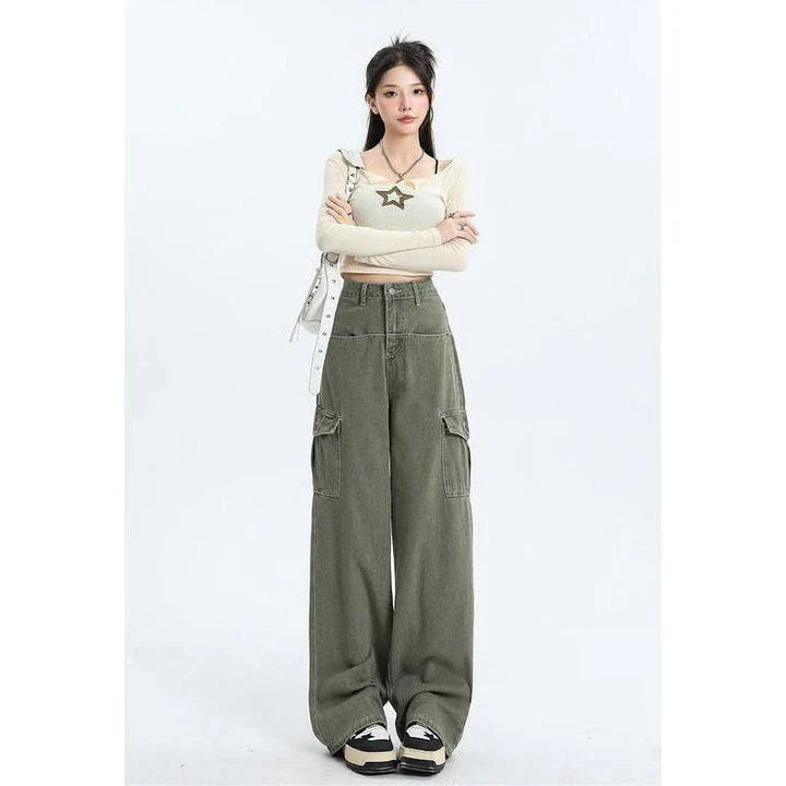 Women wearing pink high waist baggy jeans with straight leg design and vintage style