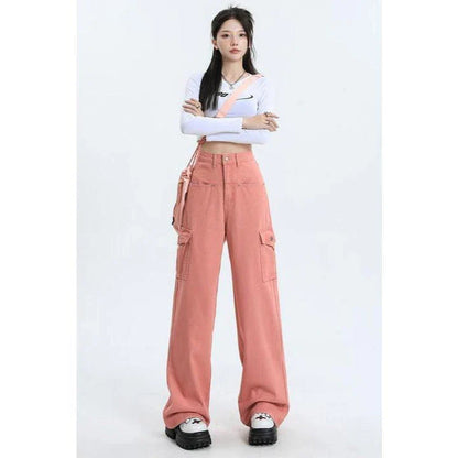 Women wearing pink high waist baggy jeans with straight leg design and vintage style