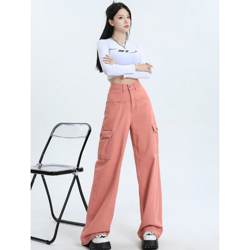 Women wearing pink high waist baggy jeans with straight leg design and vintage style