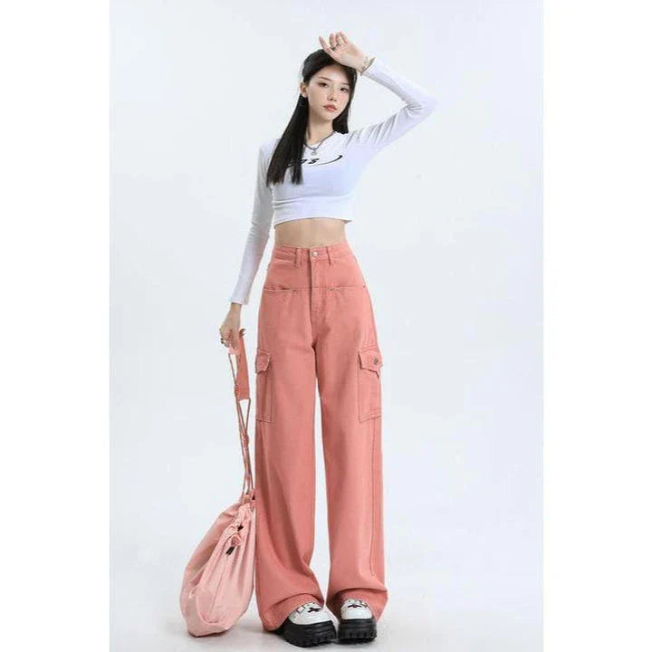 Women wearing pink high waist baggy jeans with straight leg design and vintage style