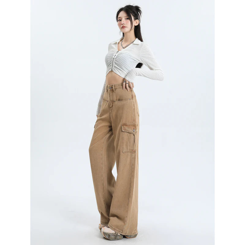 Women wearing pink high waist baggy jeans with straight leg design and vintage style