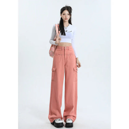 Women wearing pink high waist baggy jeans with straight leg design and vintage style