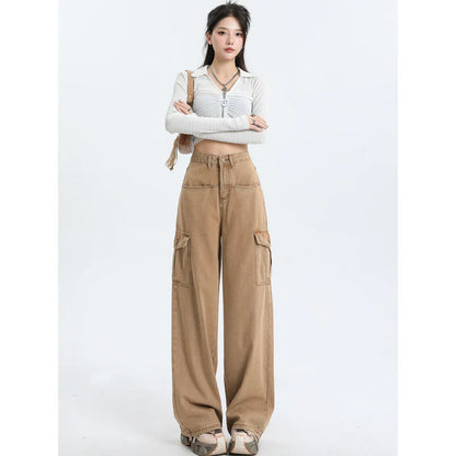 Women wearing pink high waist baggy jeans with straight leg design and vintage style