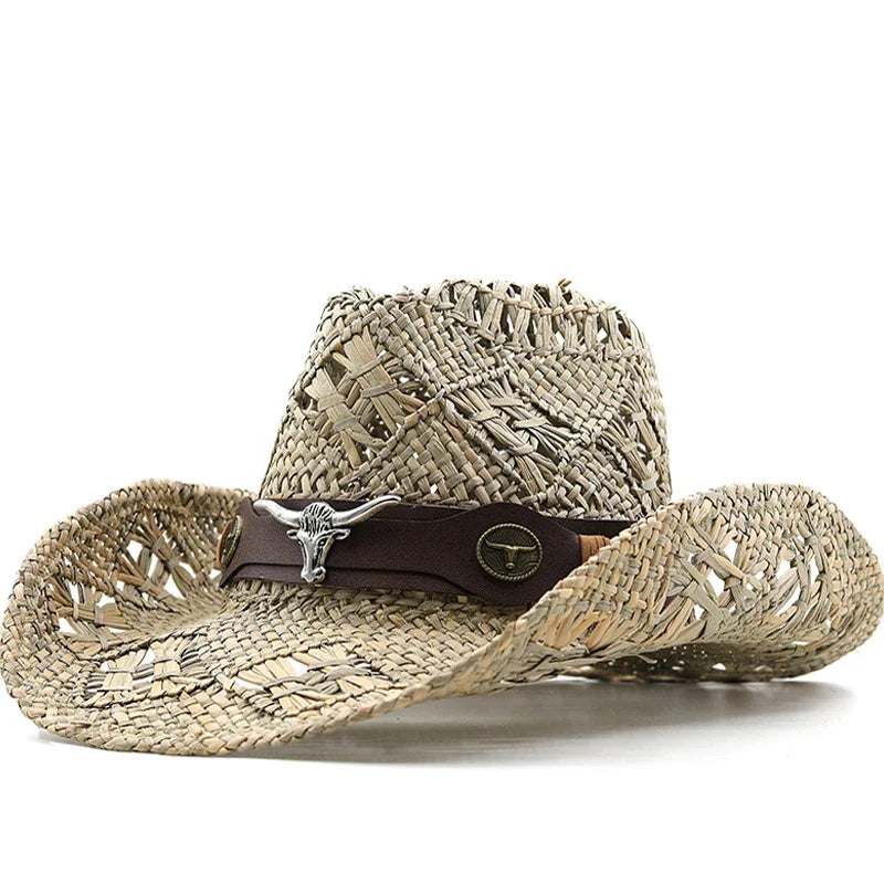 Handcrafted natural grass cowboy hat with conical crown and stitching details