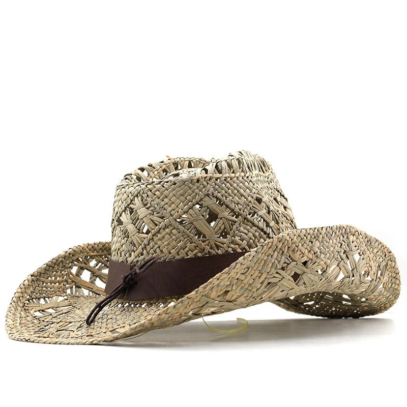 Handcrafted natural grass cowboy hat with conical crown and stitching details