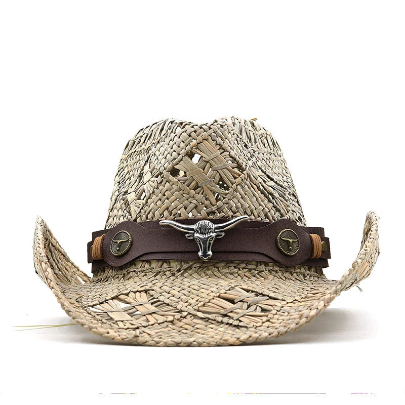Handcrafted natural grass cowboy hat with conical crown and stitching details