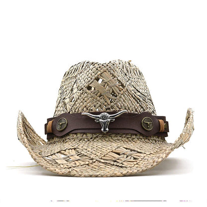 Handcrafted natural grass cowboy hat with conical crown and stitching details