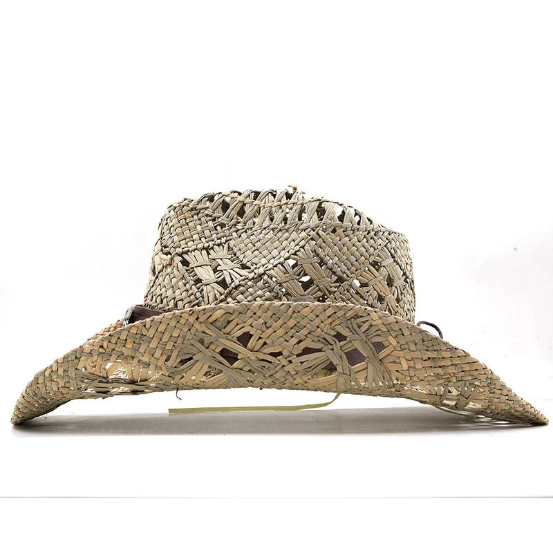 Handcrafted natural grass cowboy hat with conical crown and stitching details