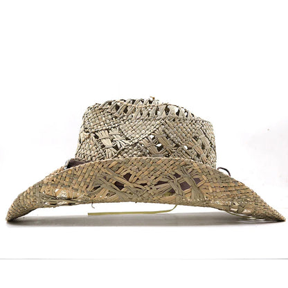 Handcrafted natural grass cowboy hat with conical crown and stitching details