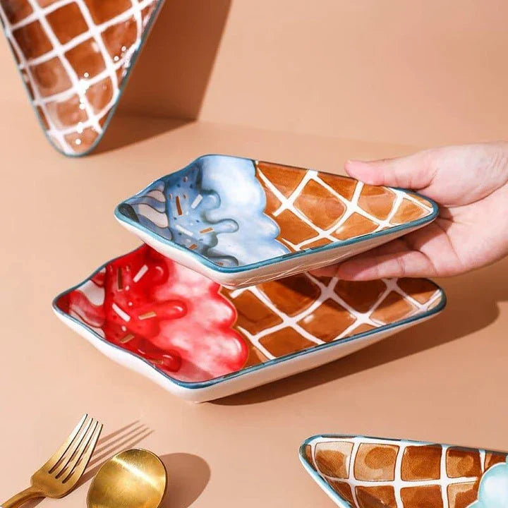 Ceramic Ice Cream Shaped Plate in red and blue colors, perfect for serving desserts and adding a whimsical touch to your tableware collection.