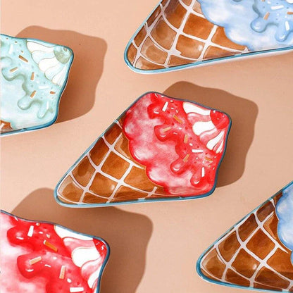 Ceramic Ice Cream Shaped Plate in red and blue colors, perfect for serving desserts and adding a whimsical touch to your tableware collection.