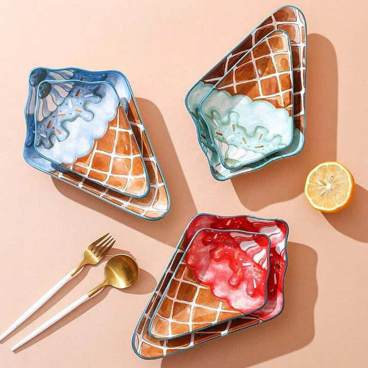 Ceramic Ice Cream Shaped Plate in red and blue colors, perfect for serving desserts and adding a whimsical touch to your tableware collection.