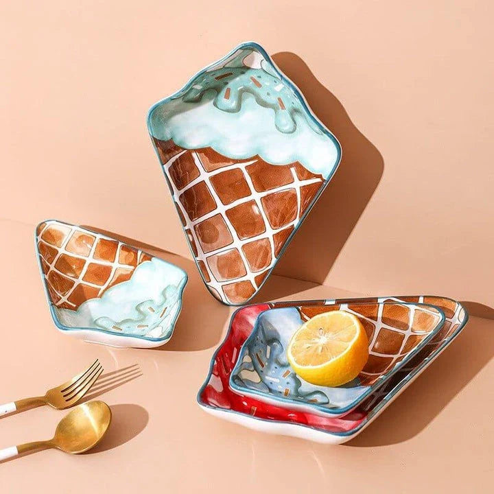 Ceramic Ice Cream Shaped Plate in red and blue colors, perfect for serving desserts and adding a whimsical touch to your tableware collection.