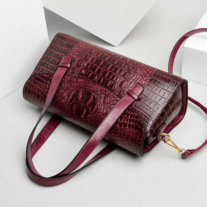 Stylish pattern hand carry shoulder bag in yellow, purple, and black colors with crocodile embossed design