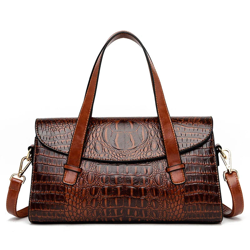 Stylish pattern hand carry shoulder bag in yellow, purple, and black colors with crocodile embossed design