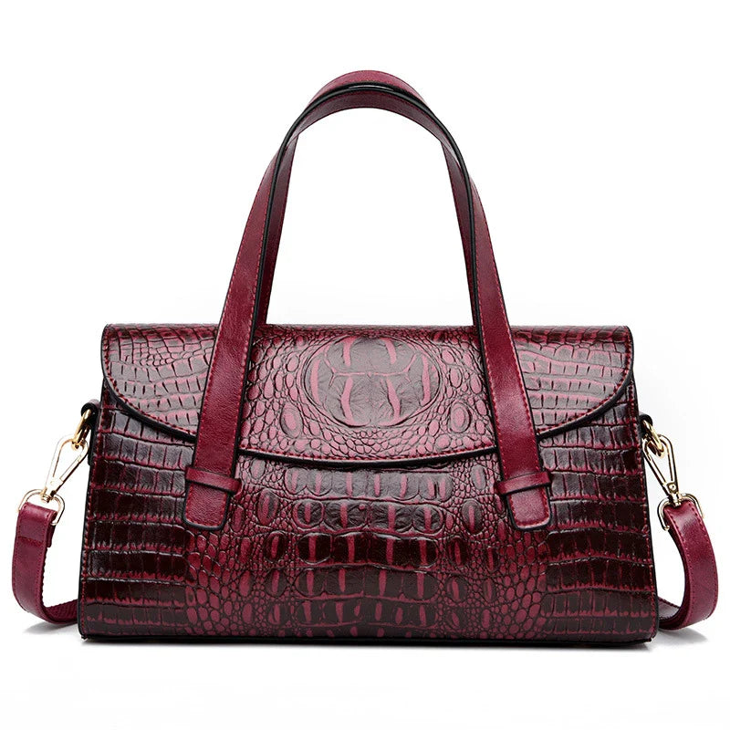 Stylish pattern hand carry shoulder bag in yellow, purple, and black colors with crocodile embossed design