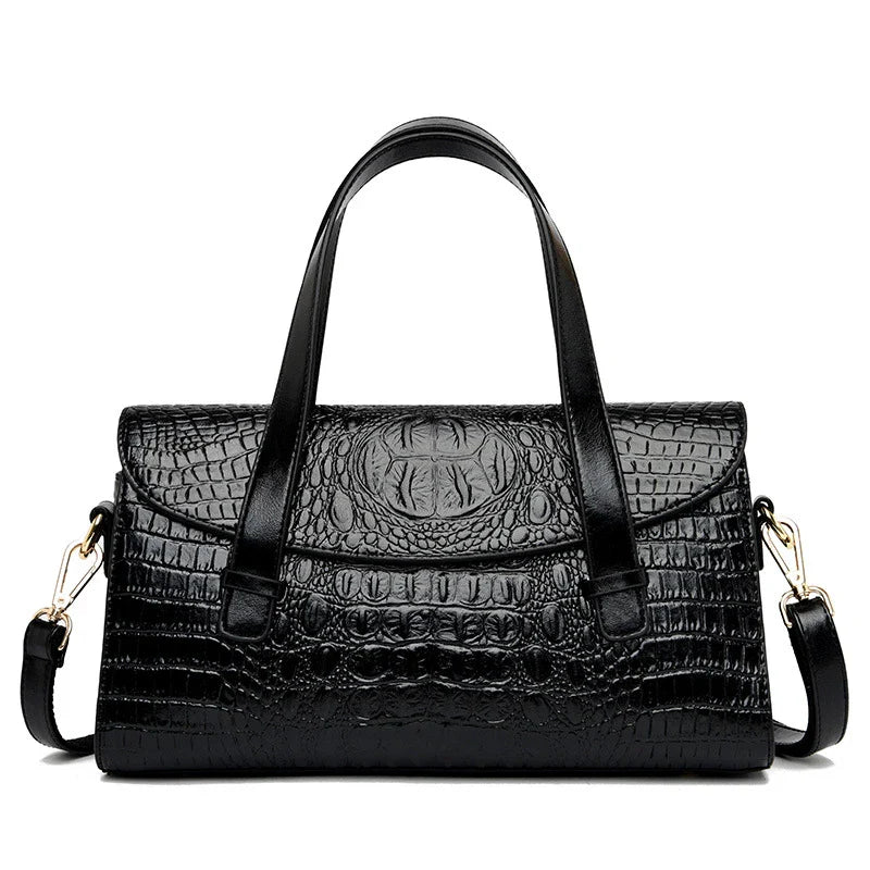 Stylish pattern hand carry shoulder bag in yellow, purple, and black colors with crocodile embossed design