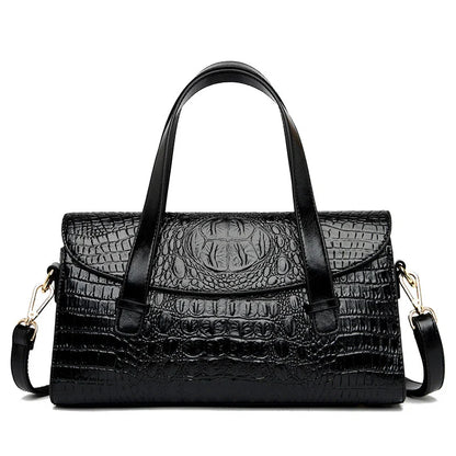Stylish pattern hand carry shoulder bag in yellow, purple, and black colors with crocodile embossed design
