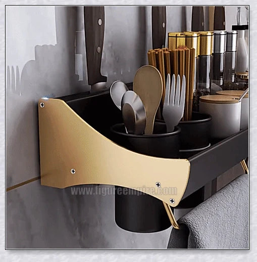 A modern and sleek kitchen spice organizer with various storage compartments for spices, knives, chopsticks, and other cooking essentials
