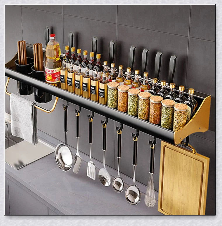 A modern and sleek kitchen spice organizer with various storage compartments for spices, knives, chopsticks, and other cooking essentials