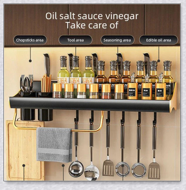 A modern and sleek kitchen spice organizer with various storage compartments for spices, knives, chopsticks, and other cooking essentials