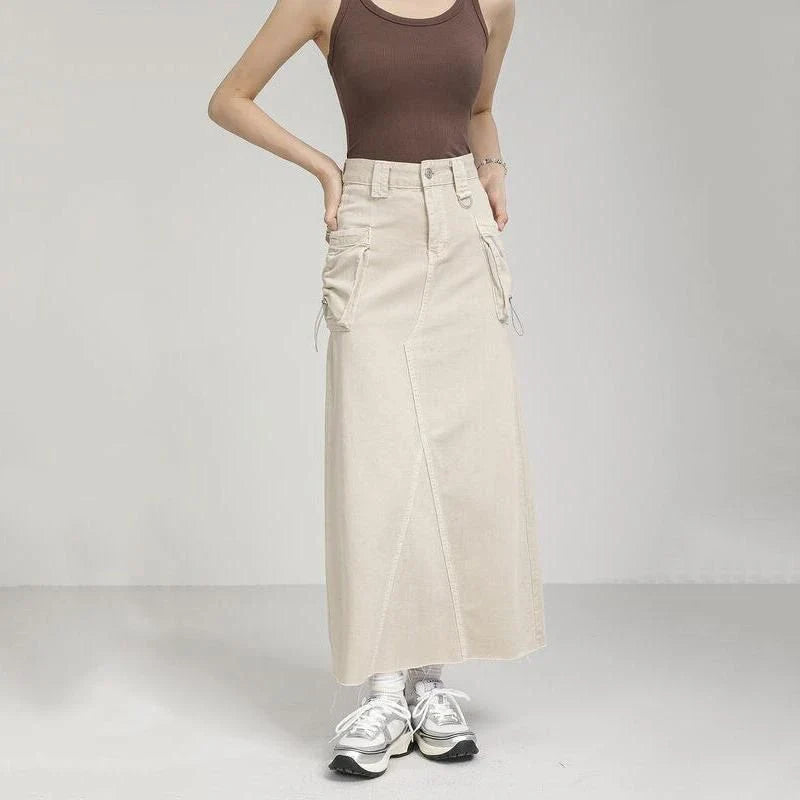 Autumn Vintage High Waist Denim Cargo Skirt with Pockets in Khaki color