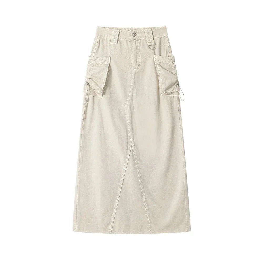 Autumn Vintage High Waist Denim Cargo Skirt with Pockets in Khaki color
