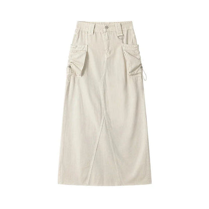 Autumn Vintage High Waist Denim Cargo Skirt with Pockets in Khaki color