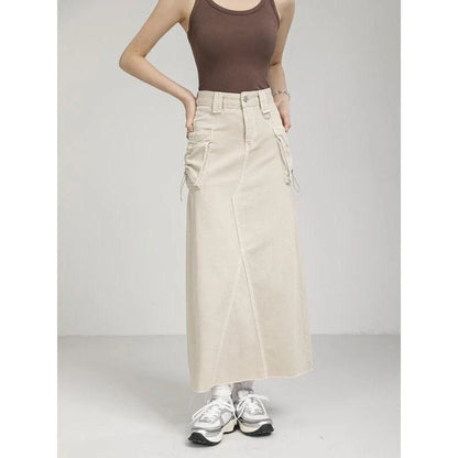 Autumn Vintage High Waist Denim Cargo Skirt with Pockets in Khaki color