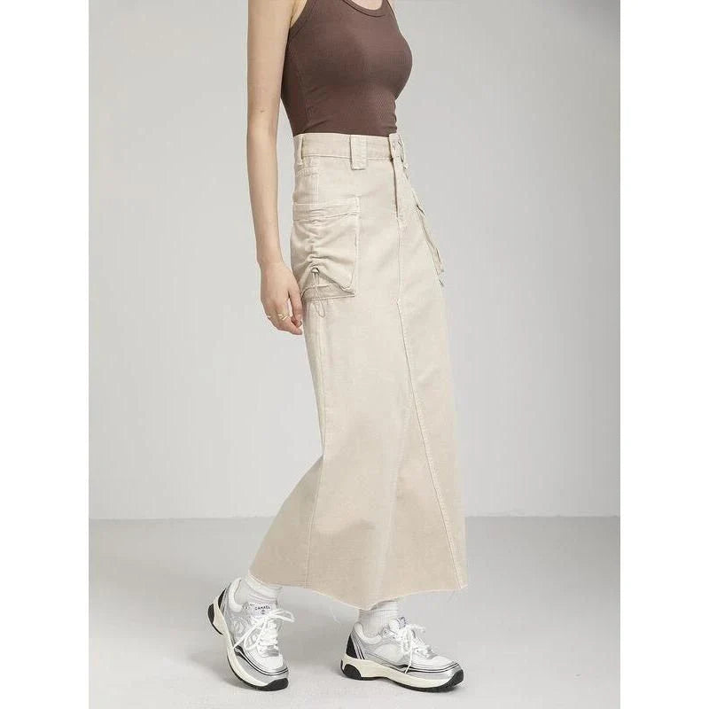 Autumn Vintage High Waist Denim Cargo Skirt with Pockets in Khaki color