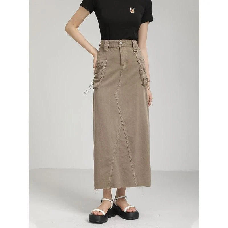 Hhomeenjoy  Autumn Vintage High Waist Denim Cargo Skirt with Pockets