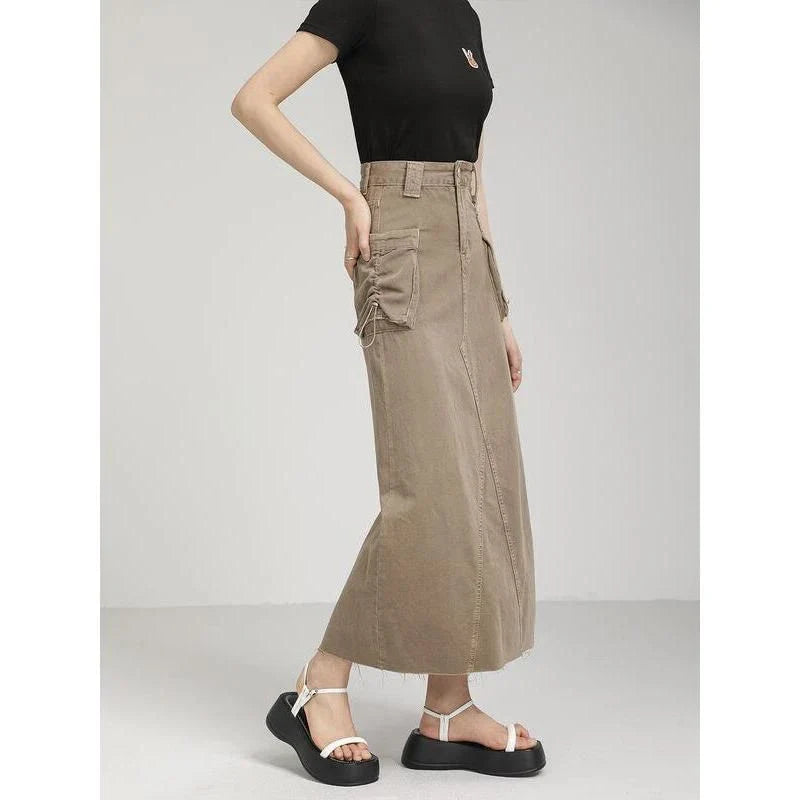 Autumn Vintage High Waist Denim Cargo Skirt with Pockets in Khaki color