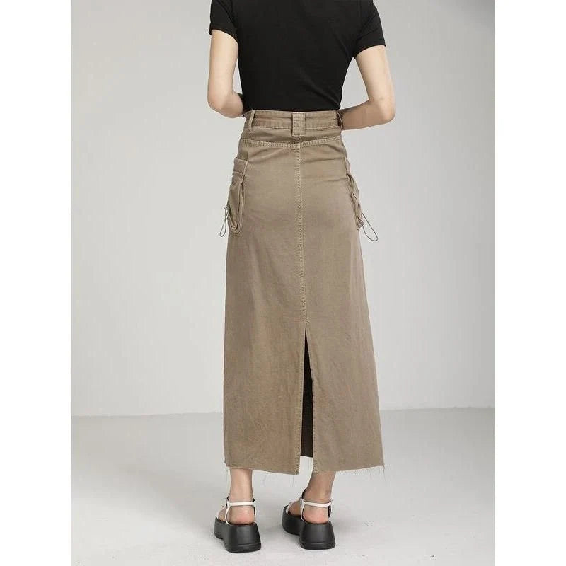 Autumn Vintage High Waist Denim Cargo Skirt with Pockets in Khaki color