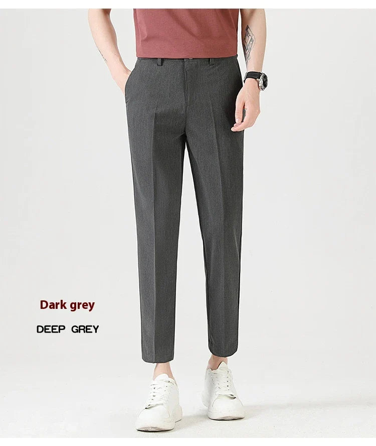 Light Luxury Men's Casual Small Trousers in various colors and sizes, featuring a stretch pencil pant design for a sleek, flattering look.