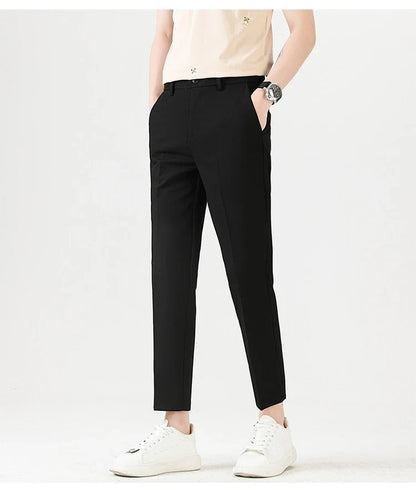Light Luxury Men's Casual Small Trousers in various colors and sizes, featuring a stretch pencil pant design for a sleek, flattering look.