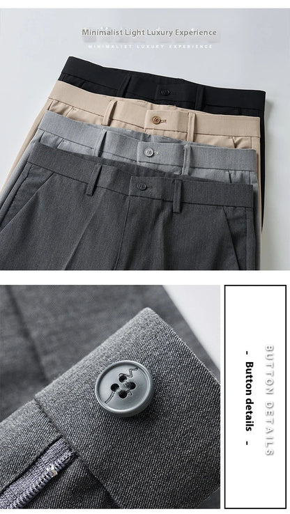 Light Luxury Men's Casual Small Trousers in various colors and sizes, featuring a stretch pencil pant design for a sleek, flattering look.