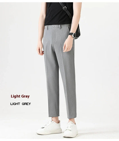 Light Luxury Men's Casual Small Trousers in various colors and sizes, featuring a stretch pencil pant design for a sleek, flattering look.