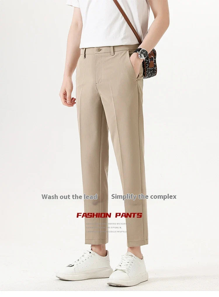 Light Luxury Men's Casual Small Trousers in various colors and sizes, featuring a stretch pencil pant design for a sleek, flattering look.