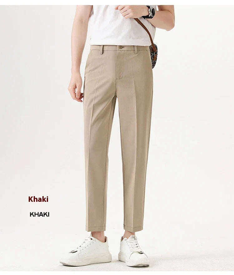 Light Luxury Men's Casual Small Trousers in various colors and sizes, featuring a stretch pencil pant design for a sleek, flattering look.