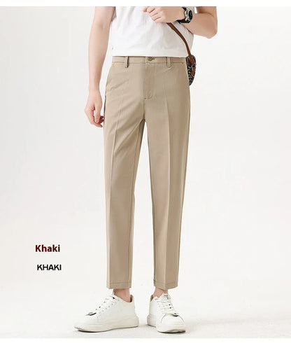 Light Luxury Men's Casual Small Trousers in various colors and sizes, featuring a stretch pencil pant design for a sleek, flattering look.
